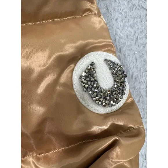 Quilted Gold Puff Jacket W/Hood Womens L True Religion Down & Feather Fill - Picture 10 of 16